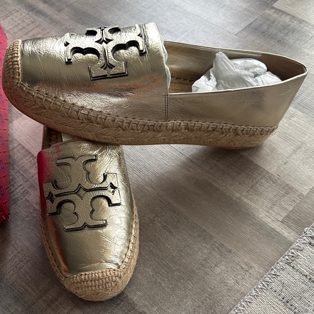 Tory Burch Metallic Gold Leather Espadrille Flats